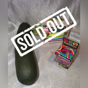 Set of SmushMart squishy toys:15" pickle, layer cake and the NeeDoh Marbleez.